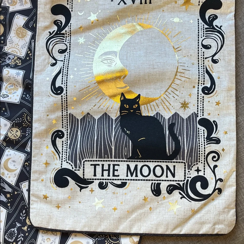 Celestial Table Runner Moon Sun Black Cat Neutral Tarot Magic